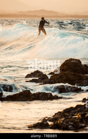 Surfers au coucher du soleil à Byron Bay, NSW, Australie Banque D'Images