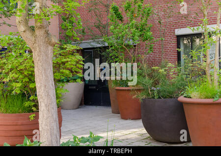 D'énormes pots brun et noir pour les plantes et arbres hors derrière entrée de appartements. Street style usine design. Amsterdam, Pays-Bas. Banque D'Images