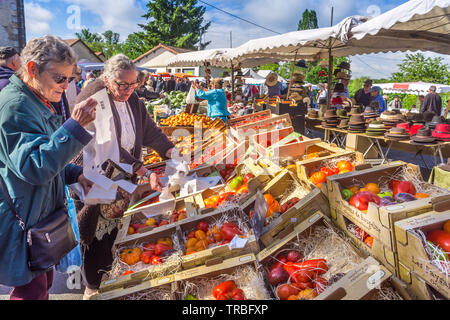 Fruits et légumes à vendre le jour du marché dans les Hérolles, Vienne, France. Banque D'Images