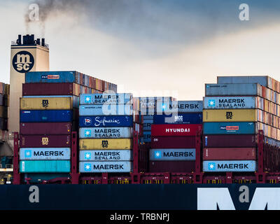 Libre-échange - le porte-conteneurs MSC Sveva entre dans le port de Felixstowe Banque D'Images