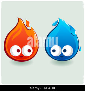 Flamme mignonne et une goutte d'eau personnages. Goutte d'eau et flamme de feu mignon dessin animé emoji isolé sur un fond blanc. Banque D'Images