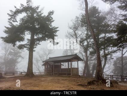Petite cabane en forêt en hiver matin brouillard, Takahashi, près de Bitchu Matsuyama Castle, préfecture d'Okayama, Japon. Banque D'Images