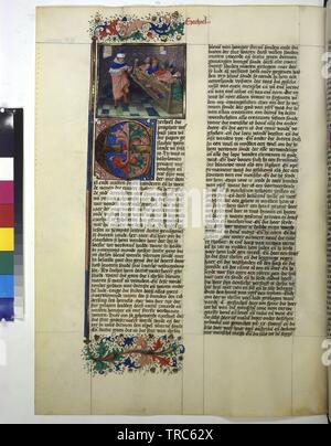 Pleine page : texte, couleur, couverture initiale décorative stick, pleine page : texte, couleur, couvrant initialement décoratif stick et miniature (Ezéchiel présager son codétenu) , Additional-Rights Clearance-Info,--Not-Available