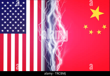 Des éclairs vertical entre les drapeaux des USA et de la Chine. Notion de crise entre les deux pays, Washington et Pékin Banque D'Images