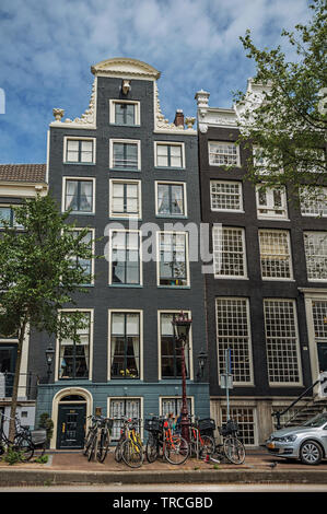 Les vélos devant les portes d'entrée des bâtiments élégants à Amsterdam. L'activité culturelle de la ville avec d'énormes, les canaux et les ponts en Pays-Bas. Banque D'Images