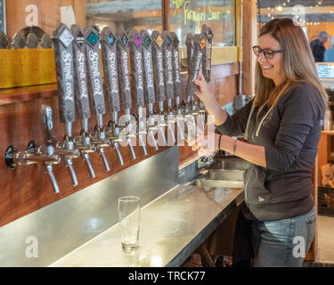 Jeune femme qui tend à la Stone bar brasserie vache dans Barre, MA Banque D'Images