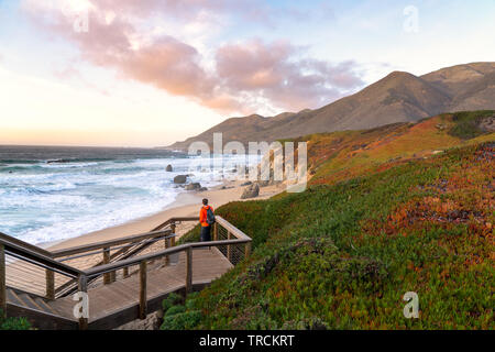 L'homme se tient sur un escalier et donne sur une belle plage de sable le long du littoral vallonné Big Sur en Californie. Banque D'Images