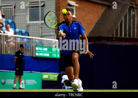 Surbiton, Royaume-Uni. 06Th Juin, 2019. Paul Jubb de Grande-bretagne en action contre James Ward de Grande-Bretagne dans l'intention des célibataires. Tennis 2019 Trophée Surbiton, jour un Surbiton Racket & Fitness Club à Surrey, le lundi 3 juin 2019. Ce droit ne peut être utilisé qu'à des fins rédactionnelles. Utilisez uniquement rédactionnel, pic par Steffan Bowen/Andrew Orchard la photographie de sport/Alamy live news Crédit : Andrew Orchard la photographie de sport/Alamy Live News Banque D'Images