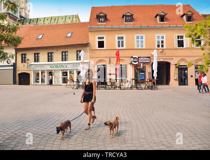 ZAGREB, CROATIE - 15 juillet, 2017. Vue sur la rue Augusta Cesarca street dans la ville de Zagreb, Croatie. Jeune femme avec deux chiens sur rue. Banque D'Images