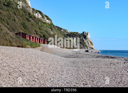Une rangée de cabines de plage sur la plage de galets à Branscome dans le Devon, en Angleterre. Banque D'Images