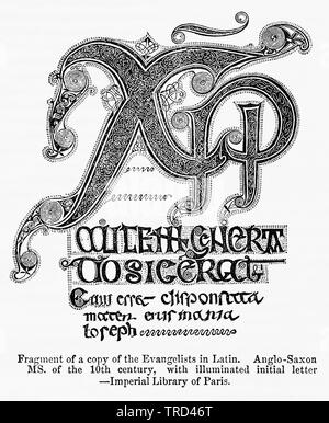 Fragment d'une copie des évangélistes en Amérique anglo-saxonne, manuscrit du 10e siècle, avec l'allumé lettre initiale, Illustration de John Cassell's Illustrated History of England, Vol. I à partir de la première période du règne de Édouard le quatrième, Cassell, Petter et Galpin, 1857 Banque D'Images