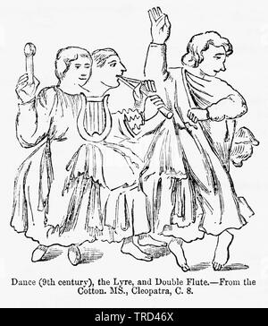 La danse (9e siècle), la lyre, et double flûte, du coton, manuscrit, Cléopâtre, C. 8, Illustration de John Cassell's Illustrated History of England, Vol. I à partir de la première période du règne de Édouard le quatrième, Cassell, Petter et Galpin, 1857 Banque D'Images