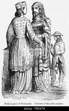 Nobles Dames de Normandie, costume du 12ème siècle, Illustration de John Cassell's Illustrated History of England, Vol. I à partir de la première période du règne de Édouard le quatrième, Cassell, Petter et Galpin, 1857 Banque D'Images