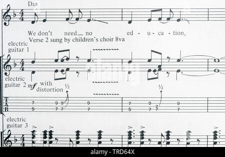 Musique pour une autre brique dans le mur partie 2 de Pink Floyd The Wall tablatures guitare livre. Banque D'Images