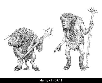 Illustration de Monster. Minotaure et cyclops comparaison anatomique. Dessin de fantaisie. Banque D'Images
