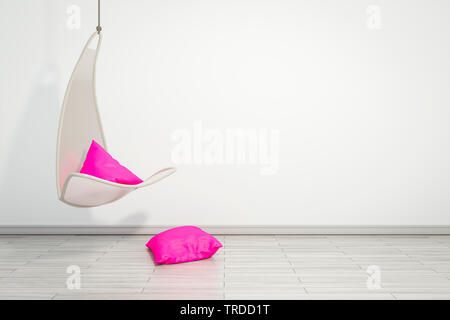 3D computer graphic, design d'intérieur avec fauteuil suspendu en blanc contre un mur de couleur blanche Banque D'Images