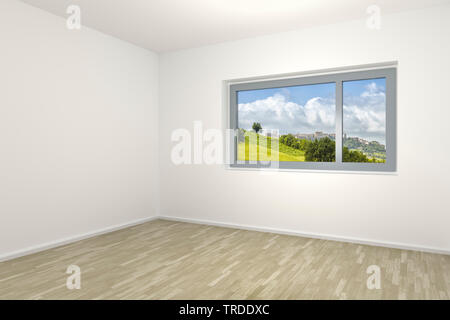Graphique 3D sur ordinateur, salle vide avec des murs blancs et des fenêtres dévoilant un paysage naturel Banque D'Images