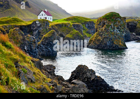 Maison sur la côte de basalte , Islande, Vesturland, Arnarstapi, Snæfellsnes Banque D'Images