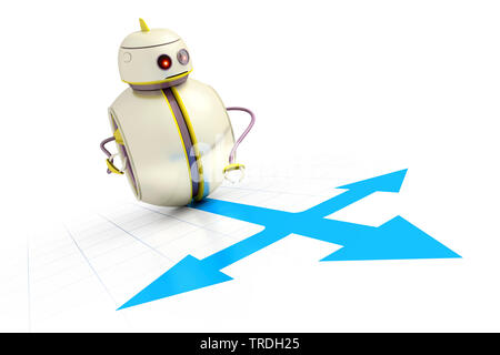 3D computer graphic, rond mignon à un robot à la croisée des chemins illustré sur le plancher Banque D'Images