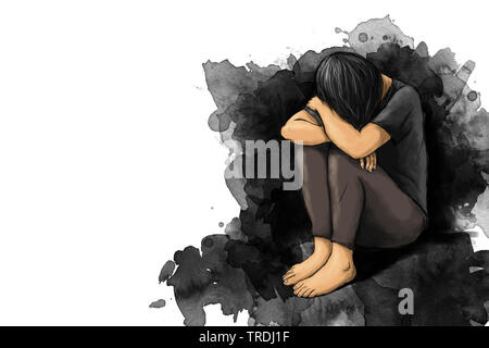 Illustration de femme triste hug son genou et cry with copy space Banque D'Images