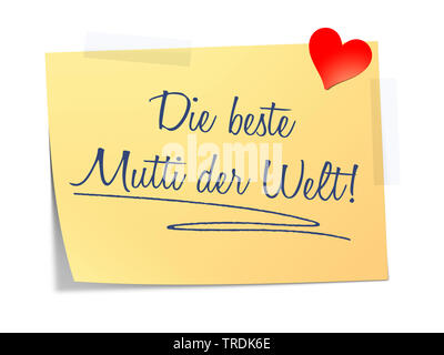 3D computer graphic, memo dans la couleur jaune avec coeur lecture DIE BESTE MUTTI DER WELT ! (Meilleure mère du monde !) Banque D'Images