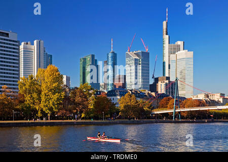 Chaloupe sur le Main, tour de blocs du quartier financier en arrière-plan, l'Allemagne, Hesse, Frankfurt am Main Banque D'Images