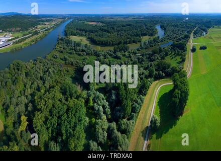 Vue aérienne de l'embouchure de la rivière Isar, Allemagne, Bavière, Niederbayern, Basse-Bavière, Deggendorf Banque D'Images