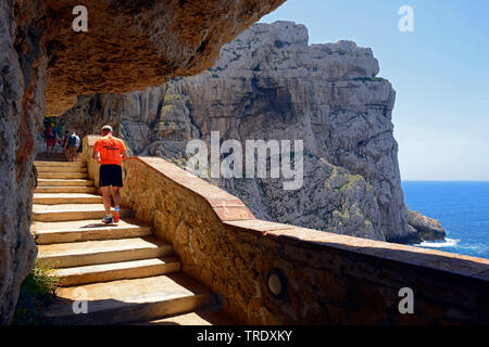 Capo Caccia, escaliers à la falaise côte à Neptune's Grotto, Italie, Sardaigne, Alghero Banque D'Images