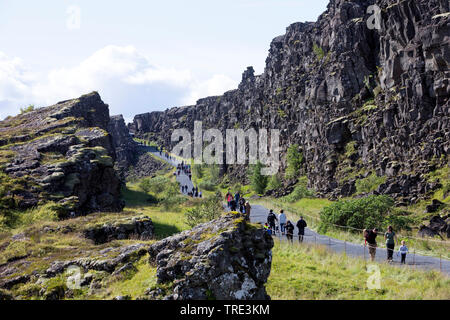 Almannagja, entre les plaques eurasienne et nord-américaine, l'Islande, le Parc National de Thingvellir Banque D'Images