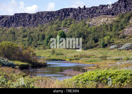 Almannagja, entre les plaques eurasienne et nord-américaine, l'Islande, le Parc National de Thingvellir Banque D'Images