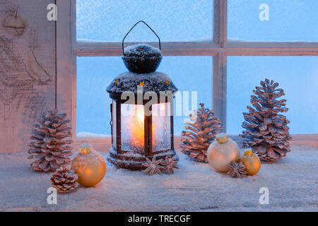 Lanterne avec décoration de Noël sur un rebord, Suisse Banque D'Images