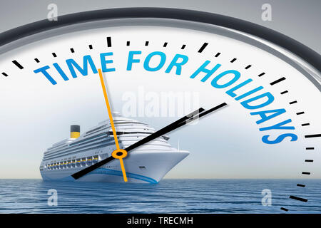 3D computer graphic, horloge temps lettrage pour les vacances avec un bateau de croisière comme arrière-plan Banque D'Images