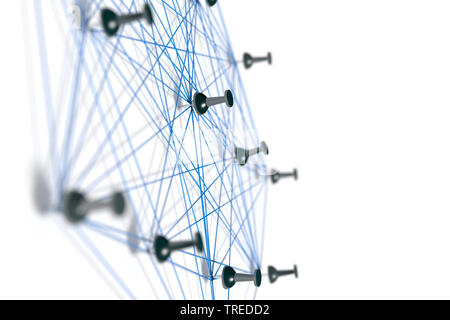 Broches connectées avec les ficelles bleu, symbolisant une structure en réseau Banque D'Images