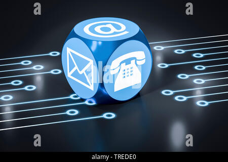 Dés bleu avec des symboles pour courriel téléphone et lettre contre black blackground Banque D'Images