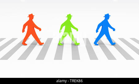 Infographie 3D, illustration de 3 hommes de couleur traversant la rue sur un passage pour piétons Banque D'Images