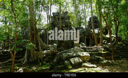 Patrimoine architectural de ruiné Ta Prohm temple ancien complexe avec pierres éparpillées et vieux rock. (Angkor Wat, l'UNESCO, Siem Reap, Cambodge) Banque D'Images