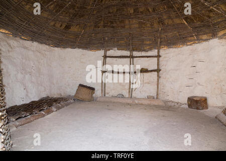 Intérieur avec toit de chaume, à l'intérieur d'un plafond de l'âge de pierre néolithique recréé hut / stoneage huttes. Centre d'exposition ; Stonehenge / Stone Henge. Royaume-uni (109) Banque D'Images