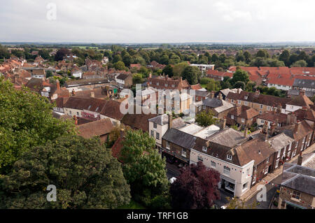 Objectif grand angle, Vue Panoramique vue aérienne sur la ville historique de Sandwich, Kent, UK prise depuis le sommet de la tour de Saint Peters Church Banque D'Images