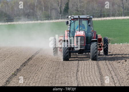 La plantation d'agriculteur l'orge de printemps avec un tracteur 4245 Massey Ferguson MF 30 vintage et d'un semoir, dans un endroit sec et poussiéreux. North Yorkshire, UK. Banque D'Images