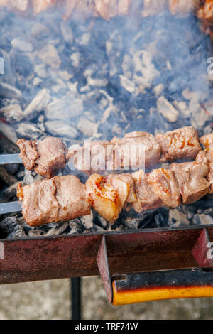 Macro closeup de matières premières de viande marinée grillée shish kebab barbecue Brochettes brochettes métalliques sur l'acier couché grill fire brazier avec charbon de bois. Banque D'Images