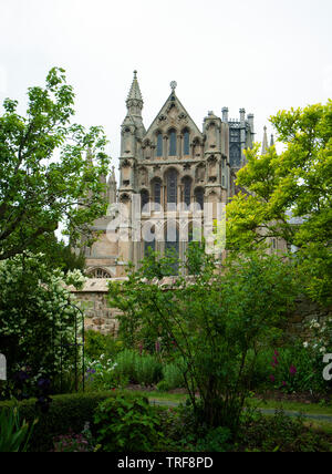 Les fenêtres du presbytère de la cathédrale d'Ely, connu comme le navire des Fagnes, vu à travers le jardin de l'Almonry Salons de thé. Ely, Cambridgeshire Banque D'Images