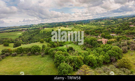 Magnifique vue aérienne avec de vertes collines et prairies, forêts de chênes et de l'agriculture domaine planté d'arbres dans un jour nuageux Banque D'Images