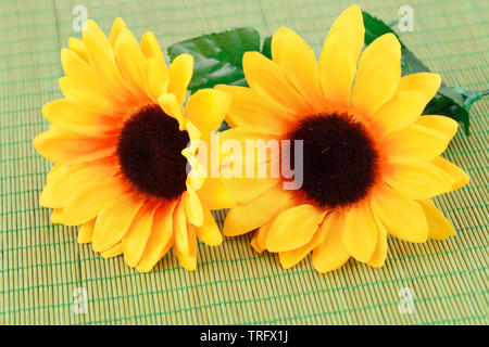 Fleurs en tissu jaune sur fond de bambou, gros plan photo. Banque D'Images