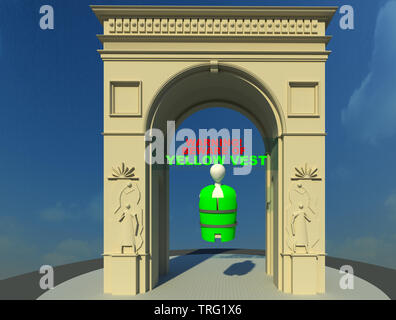 Panneau d'avertissement et un personnage portant Gilet jaune à l'Arc de Triomphe de Paris 3D illustration. Europe, France, mouvement social, jaune. Collection. Banque D'Images