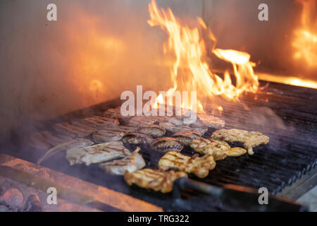 Un assortiment de grillades brochettes de viande de poulet, d'agneau et de porc mariné kofte, saucisses et légumes divers griller sur la grille du barbecue cuit Banque D'Images