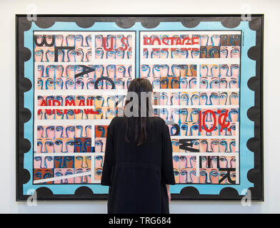 Galeries Serpentine, Londres, Royaume-Uni. 5 juin 2019. Les travaux innovateurs de foi Ringgold (b. En 1930, Harlem, New York) est célébré dans cette exposition à la Serpentine Galeries, son premier dans une institution européenne. Image : américains : 19 Timbre nous Commemmorating l'avènement de l'énergie noire, 1967. Avec la permission de l'artiste et l'ACA Galleries, New York. Credit : Malcolm Park/Alamy Live News. Banque D'Images