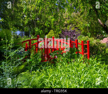 La petite passerelle en bois rouge du jardin botanique de Bayonne (France). Ce jardin d'ornement a été établie d'après un modèle japonais. Banque D'Images