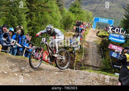 Coupe du Monde de vélo de montagne UCI, Fort William, ÉCOSSE - 2 juin 2019 : Amaury Pierron de la France sur son chemin à la 1ère place dans la course élite hommes Banque D'Images