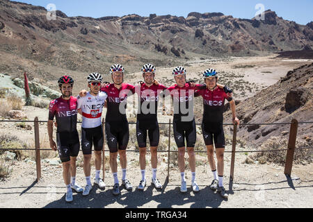 Chris Froome et Geriant Thomas, avec l'équipe d'INEOS les cyclistes aux camp d'entraînement d'altitude du mont Teide, Tenerife, Espagne Banque D'Images