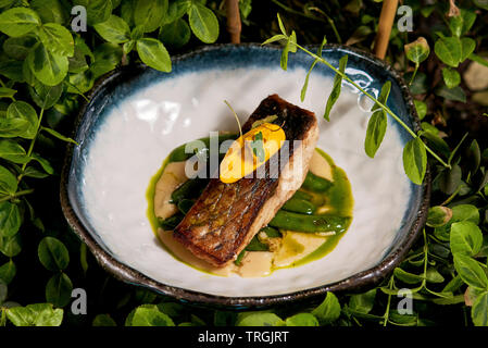 Steak de poisson blanc sur une plaque Banque D'Images